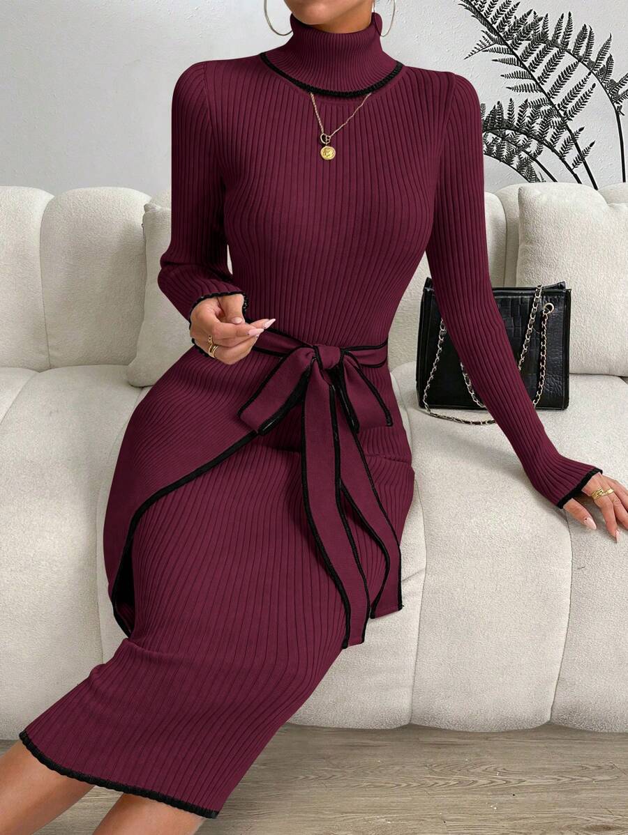 Xyvia 女士修身拼色饰边腰带高腰优雅长袖毛衣连衣裙 - 酒紅色 - 查看 1