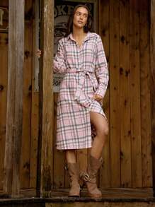 LanaWest 女式领口收腰格纹印花长袖连衣裙 - 淺粉色 - 查看 5