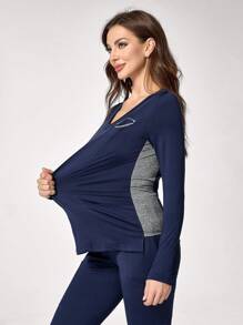 TaskEZ Solid Color V-Neck Long Sleeve Pocket Simple Blouse And Pants Uniform Scrub Set - Navy Blue - View 4