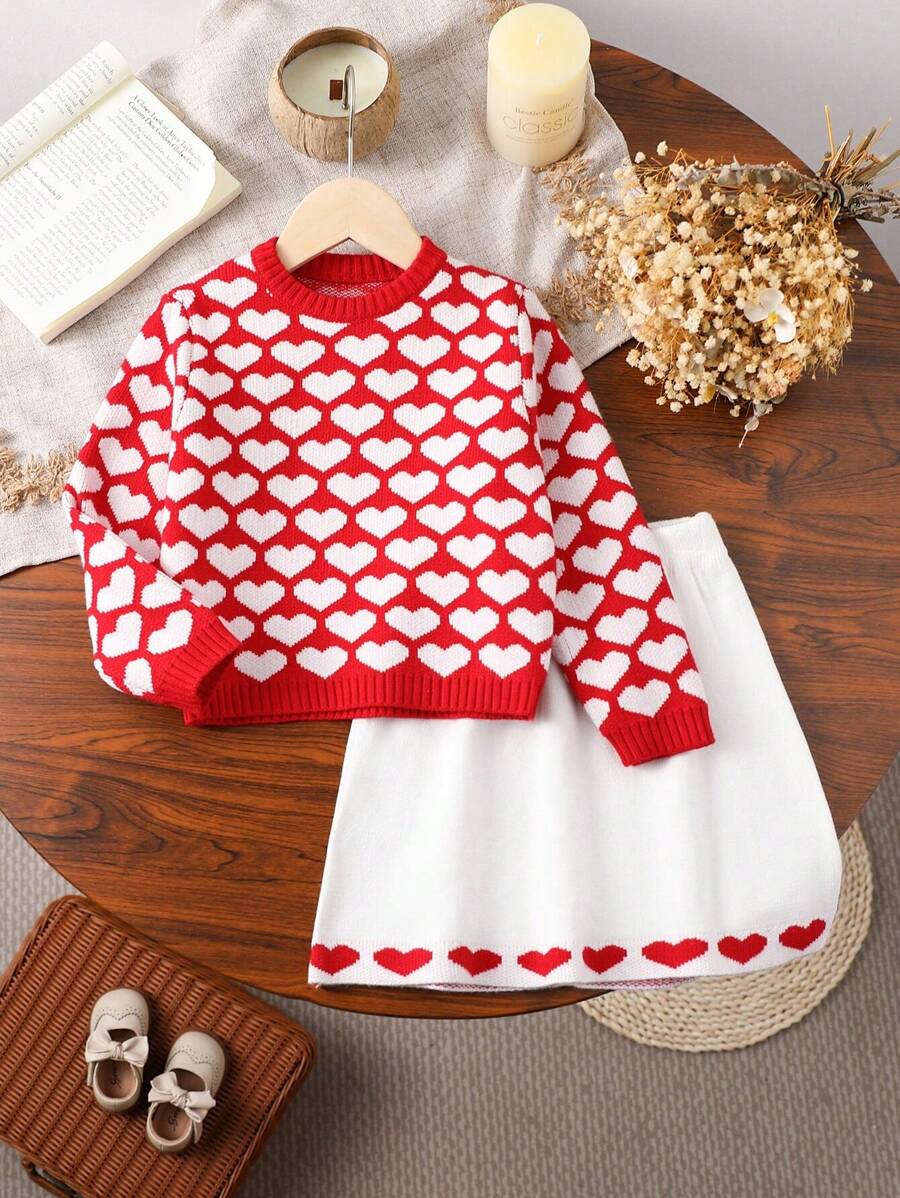 Young Girl Heart Pattern Knitted Sweater And Skirt Set, Suitable For Daily Wear And Occasions - Red - View 1