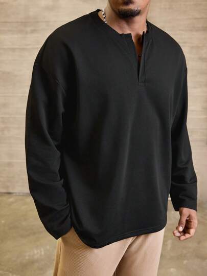 Manfinity Homme Plus Size Men Solid Color Plain V-Neck Long Sleeve Casual T-Shirt, For Autumn Going Out, For Fall