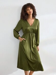 Ocili Leisure Silky Soft Satin Spaghetti Strap Long Sleeve Maxi Nightgown - Green - View 4