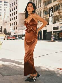 SHEIN EZwear Coffee Brown Satin Slip Dress - Coffee Brown - View 3