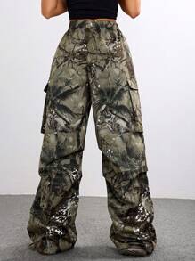 SHEIN EZwear Women's Fall Cargo Grunge Floral Print With Pockets Elastic Waist Pleated Wide Leg Loose Casual Long Pants