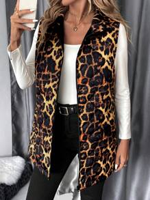 SHEIN Clasi 女士休闲日常拉链豹纹印花加垫背心夹克，秋冬季 - 彩色 - 查看 5