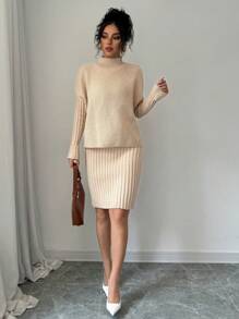 SHEIN Unity 2 件套纯色立领长袖毛衣和裙子休闲装 - 卡其色 - 查看 7