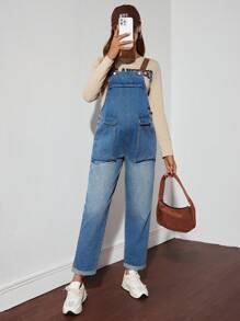 SHEIN 孕妇宽松牛仔工装裤和休闲阔腿七分裤 - 彩色 - 查看 5