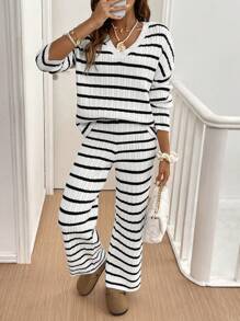 SHEIN Frenchy 2pcs Women's Casual Striped V-Neck Long Sleeve Sweater And Knitted Pants Set, Autumn Winter - Multicolor - View 4