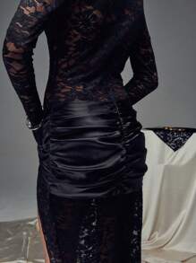 Stand Collar Front Cut-Out Puff Sleeve Bodycon Midi Dress - Black - View 7