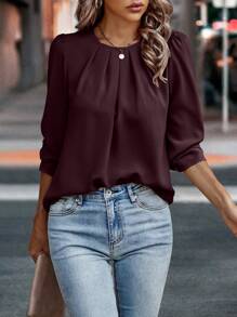 EMERY ROSE 女式纯色圆领褶皱泡泡袖优雅衬衫，秋季