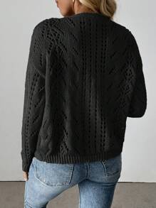 Linavere 女士长袖纯色镂空 V 领针织休闲开衫、长袖上衣 - 黑色 - 查看 2