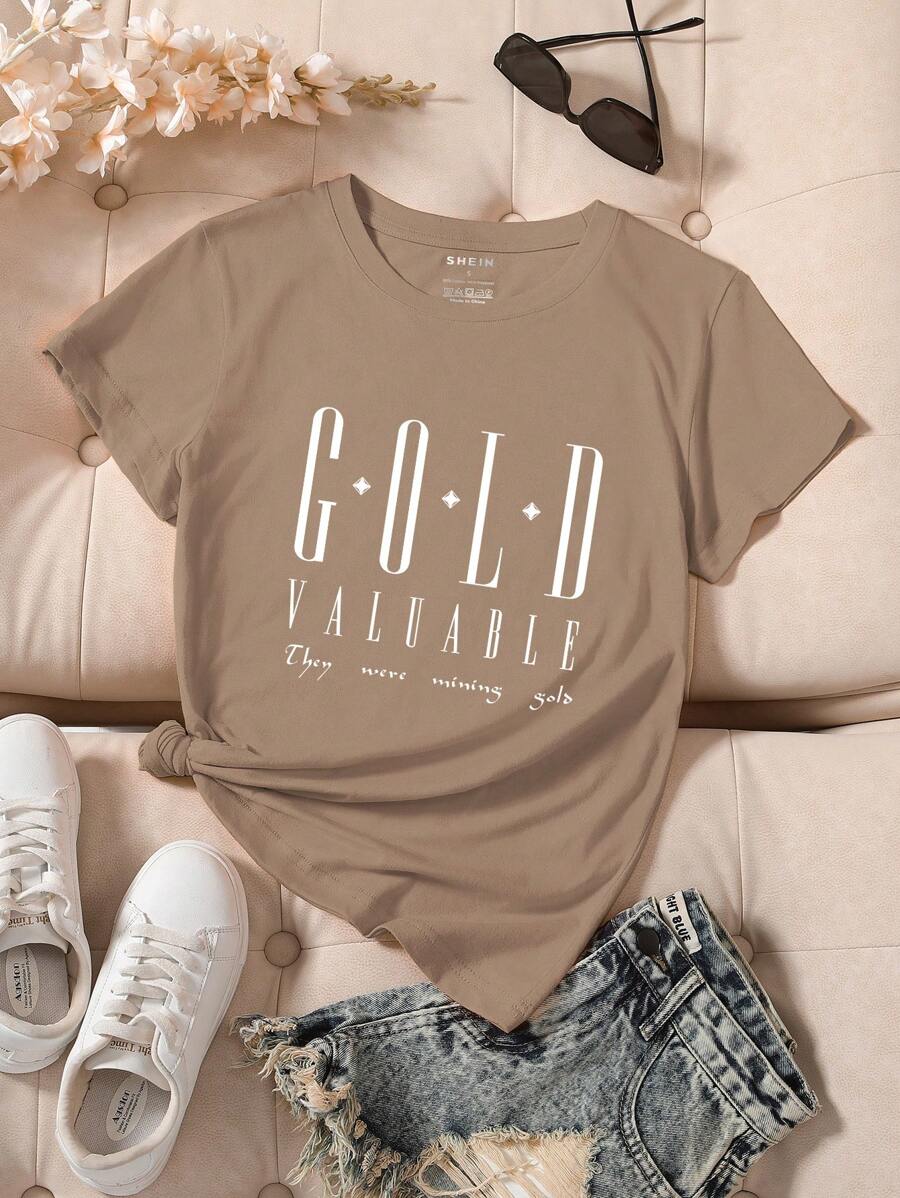 INAWLY 女士字母印花圆领短袖休闲 T 恤图案 T 恤女式上衣 - 摩卡棕 - 查看 1