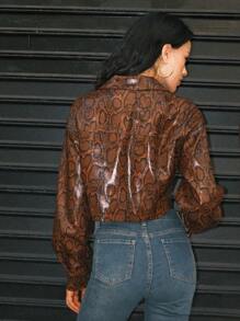 Easelle Brown Snakeskin Pattern Front Button Women's Casual Long Sleeve Jacket - Multicolor - View 2