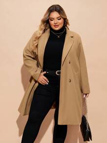 SHEIN CURVE+ Curve Plus Lapel Neck Double Breasted Overcoat, For Winter Fall Autumn