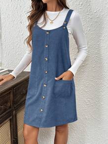 EMERY ROSE Brown Corduroy Pinafore Dress With Pockets For Women - Blue - View 7