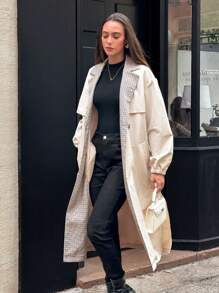 Chiquease Áo khoác dài tay xẻ eo thời trang đi làm thường ngày cho nữ, cổ chữ V, họa tiết kẻ caro, tay dài, bó eo, dáng midi, dài vừa phải - Màu be - Xem 1