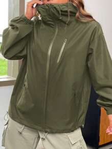 Muchica 女士秋季拉链高领多口袋连帽风衣夹克 - 軍綠色 - 查看 3