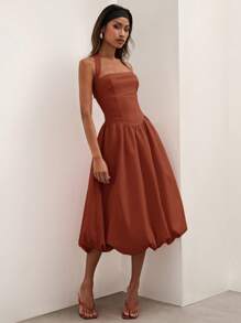 COSMINA Woman's Solid Color Neck Halter Pleated Casual Mid-Length Dress - Burgundy - View 7