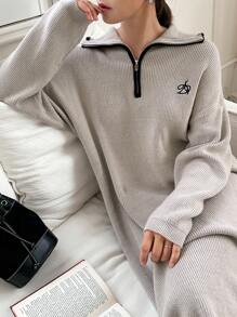 DAZY Women's Embroidered Collar Half-Zip Long Sleeve Knit Sweater Dress