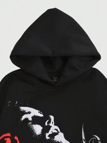 ROMWE MEN Street Life 男士休闲肖像印花宽松连帽衫，秋冬 - 黑色 - 查看 6