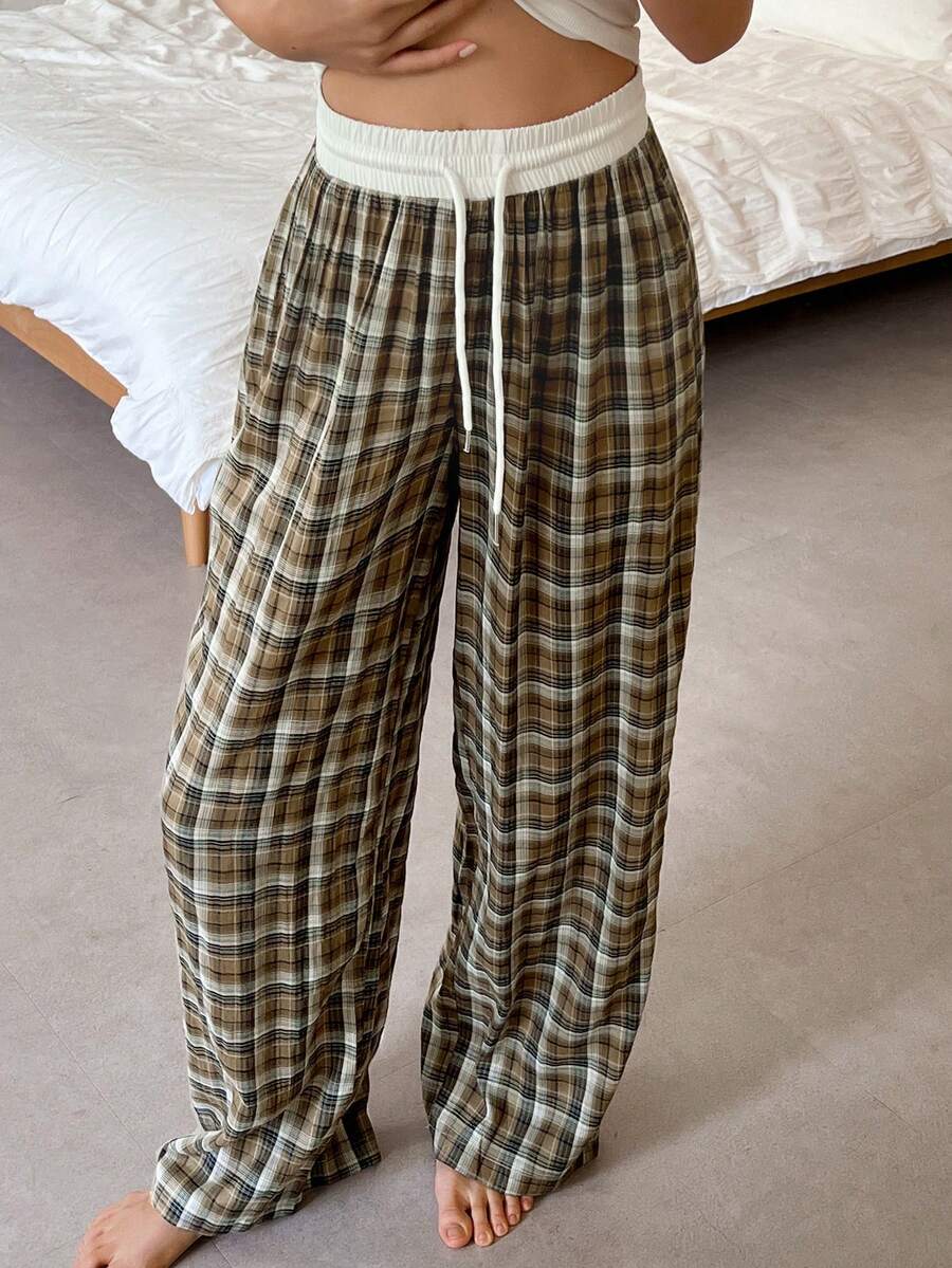 DAZY 宽松拼布格子印花抽绳裤家居服 - 卡其色 - 查看 1