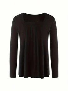 Plus Solid Casual Kwadratowy Dekolt Długi Rękaw T-shirt Topy - Czarne - Zobacz 3