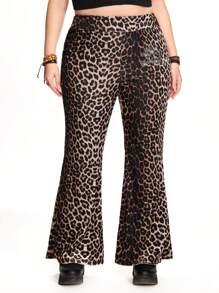 ROMWE Hippie Pantalon pattes d'éléphant avec incrustations de strass crâne en velours imprimé léopard vintage Y2K, grande taille