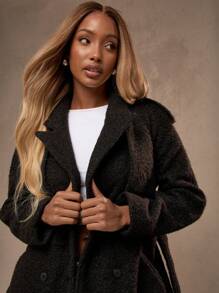 MISSGUIDED Designer Boucle Wool Trench Coat With Belt Double Breasted Notch Lapel Outerwear For Fall Winter Professional Office Wear - Black - View 4