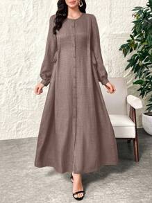 Al Najma Vestido maxi árabe de manga farol con botones delanteros, de unicolor, de largo completo, de manga larga, de estilo elegante para uso casual diario/trabajo/vacaciones/fiestas por la noche/invitado de boda, para primavera y verano - Caqui - Ver 6