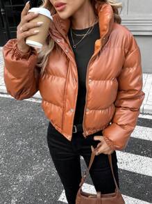 SHEIN LUNE Chaqueta acolchada de dama marrón gruesa y cálida de invierno