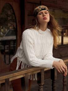 SHEIN Maija 女士休闲立领流苏下摆麻花针织毛衣秋冬季 - 白色 - 查看 11