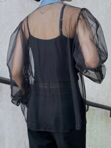 FRIFUL Women's Loose Fit Colorblock Puff Sleeve Shirt Sheer