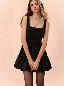 Enchnt Women's Bow-Embellished Waist-Cinching Bubble Hem Velvet Suspender Black Dress,Elegant Summer Day Party Homecoming Fall Winter Clothes,Black,Summer - Black - View 8