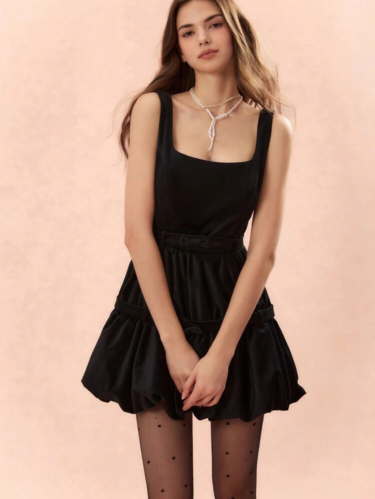 Women's Bow-Embellished Waist-Cinching Bubble Hem Velvet Suspender Black Dress, Suitable For Everyday,Homecoming And Parties,Fall Women Dress,Winter Women Clothes