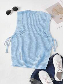 SHEIN Unity Women Solid Color Round Neck Side Tie Casual Loose Sweater Vest, For Autumn