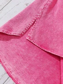 Oversized Vintage Y2K Streetwear Style Distressed Long Denim Jacket With V-Neck Collar For Tween Girl, Fuchsia - Hot Pink - View 8