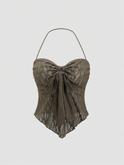 Sweetra Women's Solid Color Front Knot Asymmetric Hem Halter Neck Tank Top Y2K