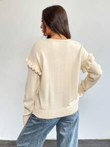 Chiquease Suéter feminino com decote em V e cordão e bainha com babados, outono - Damasco - Ver 2