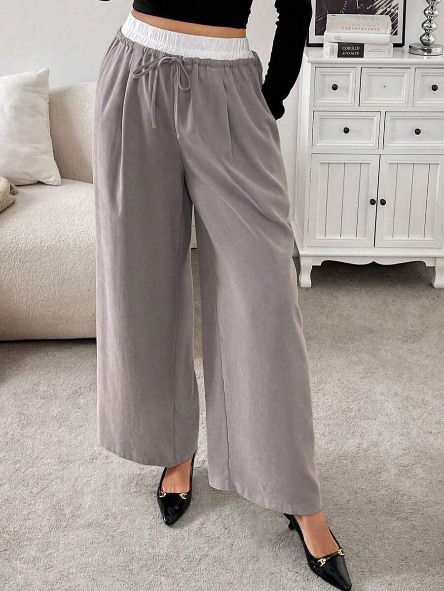SHEIN Frenchy Plus Size Women Loose Contrast Color Belted Wide Leg Casual Pants - Khaki - View 1