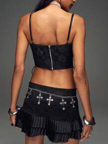 TypaGal Floral Jacquard Lace Up Curved Hem Corset Top - Black - View 2