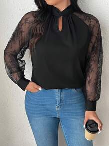 SHEIN Frenchy Elegant & Simple Black Lace Patchwork Plus Size Blouse, Fall/Winter - Black - View 6