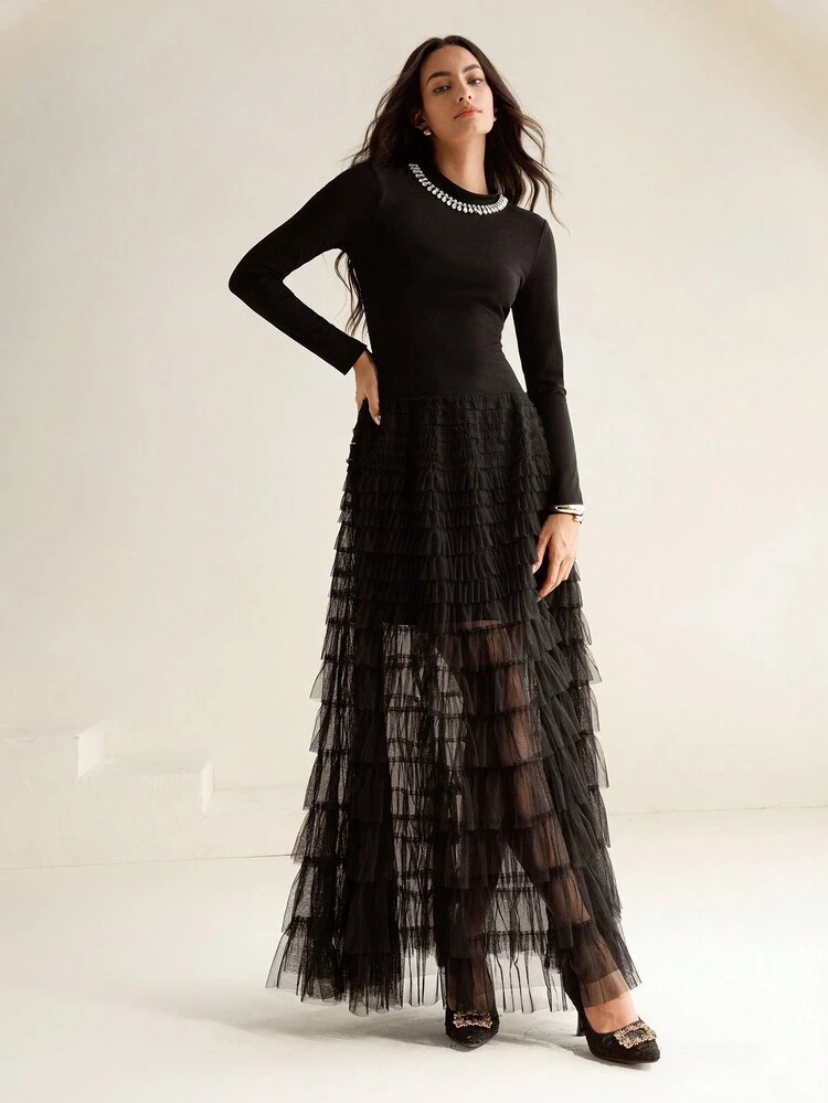 Women's Elegant Rhinestone Decor Mesh Layered Ruffle Hem Dress