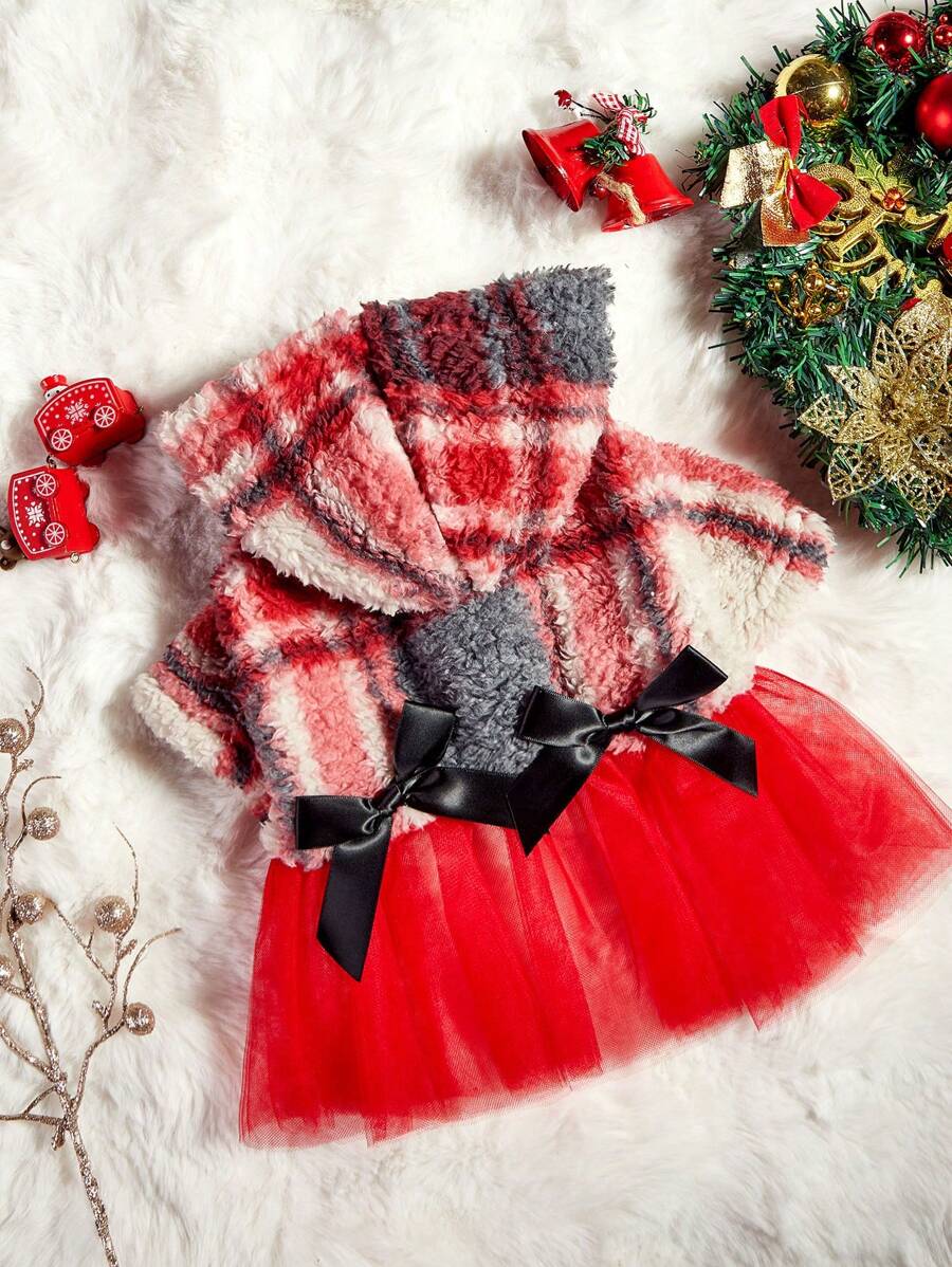 PETSIN 1 件宠物圣诞红色格子毛茸茸对比网眼蝴蝶结装饰保暖连帽狗狗服装 - 彩色 - 查看 1