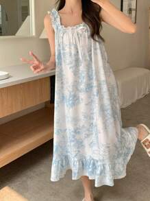 DAZY Landscape Sketch Pattern Ruffle Hem Cami Nightgown - Blue - View 1