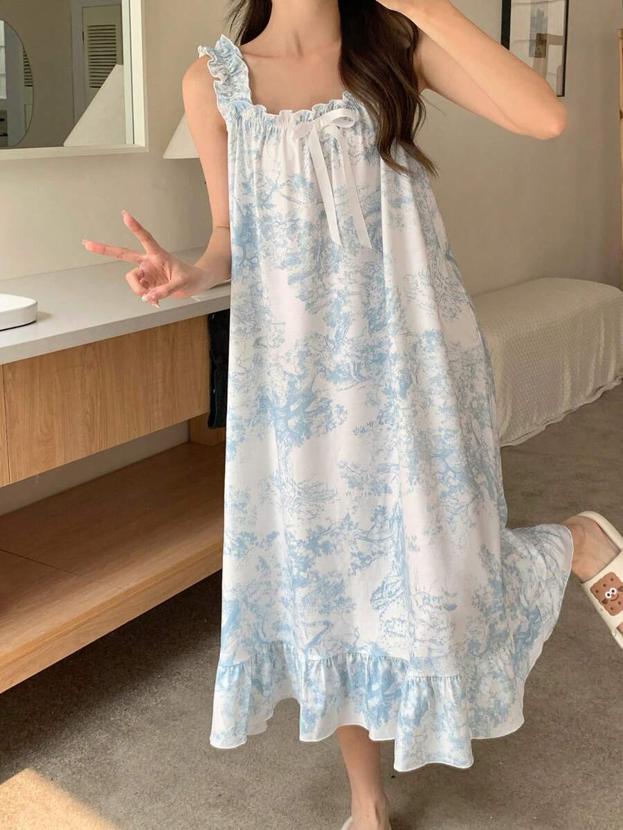 DAZY Landscape Sketch Pattern Ruffle Hem Cami Nightgown - Blue - View 1
