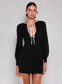 Glamine Women Autumn Winter Lace-Up Hollow Out Long Sleeve Elegant Knit Sweater Dress Fall Cloth For Women - Black - View 3