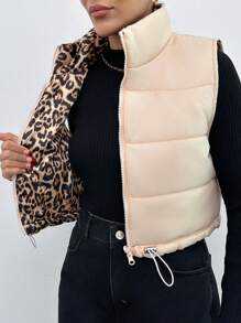 SHEIN PETITE Women Leopard Lined Crop Winter Vest Coat - Beige - View 5