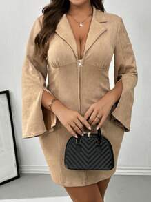 SHEIN Privé Elegant Großgrößen Büro-/Ausgeh-Cardigan mit Kerbekragen, reißverschluss, figurbetonter Passform, kurze lange Ärmel mit Glockenmanschetten, Schlitz, Velours Mini-Kleid für Sexy Dates - Khaki - Übersicht 5