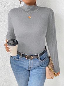 SHEIN PETITE CURVE T-shirt ajusté à manches longues col montant de couleur unie pour femmes en tailles plus