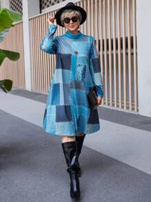 EMERY ROSE Plus Size Fashion Granny Fall Clothes Curve Thanksgiving Women Outfit Women Autumn High Collar Long Sleeve Patchwork Printed Pocket Casual Dress